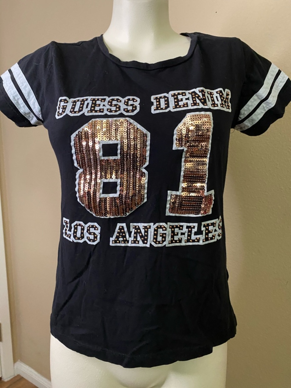 Guess Black cotton Tee with Rose Gold studs and Sequin '81' L